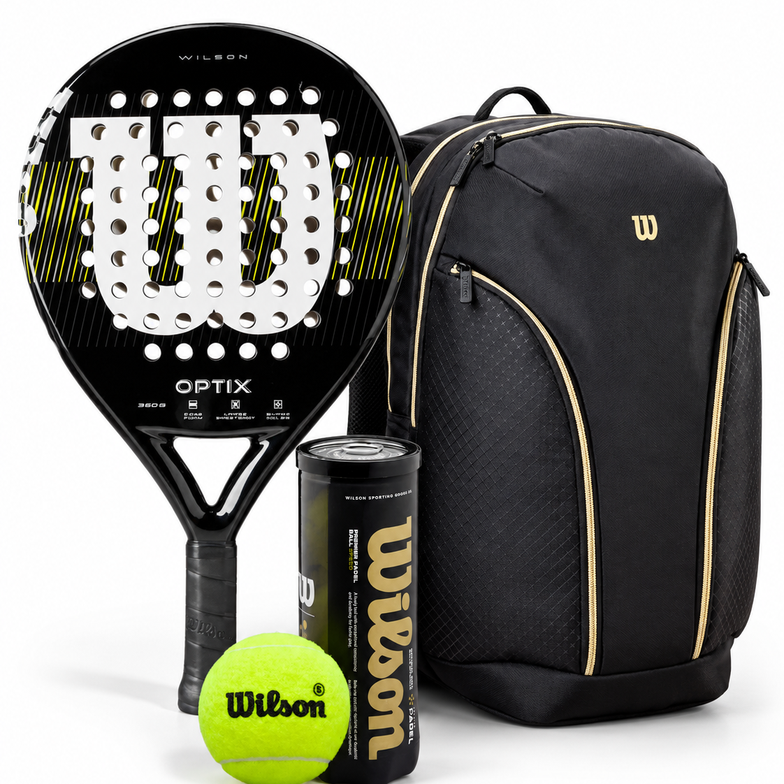 Black Bundle: Wilson Optix V1 Padelschläger +  Rucksack + Bälle