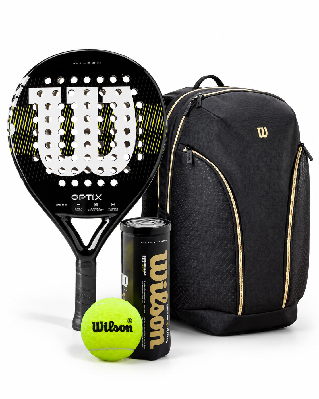 Black Bundle: Wilson Optix V1 Padelschläger +  Rucksack + Bälle